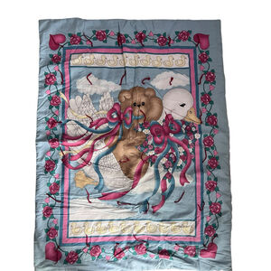 Vintage Handmade Baby Tie Quilt Teddy Bear Blue Roses Red Back 32x42